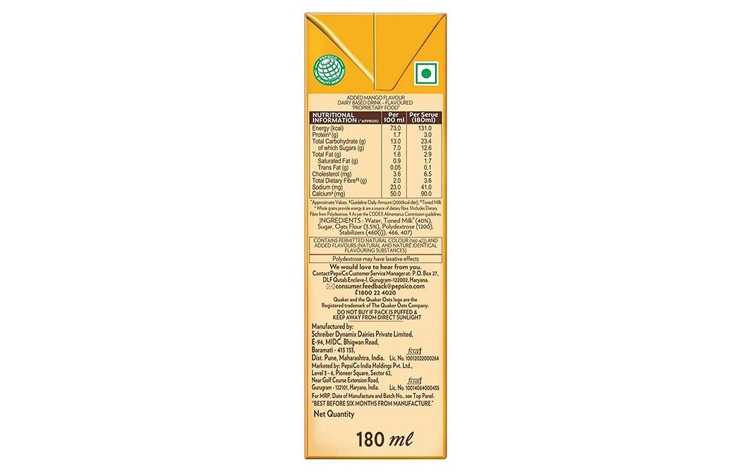 Quaker Oats + Milk Mango   Tetra Pack  180 millilitre